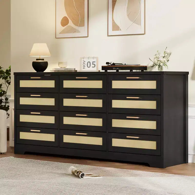 12 Drawer Dresser for Bedroom Modern Rattan Chest of Drawers Wood Storage Organizer with Drawers and Handles for Nursery Entryway Living Room