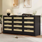 12 Drawer Dresser for Bedroom Modern Rattan Chest of Drawers Wood Storage Organizer with Drawers and Handles for Nursery Entryway Living Room
