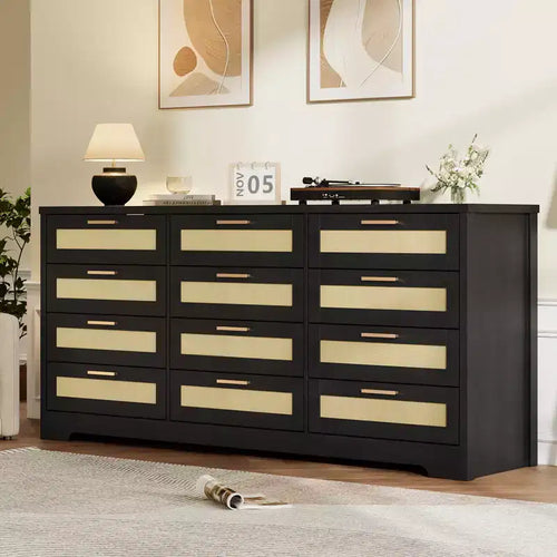 12 Drawer Dresser for Bedroom Modern Rattan Chest of Drawers Wood Storage Organizer with Drawers and Handles for Nursery Entryway Living Room