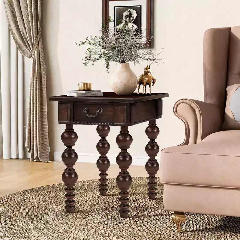 Okak Vintage Style Solid Wood Coffee Table with Storage Drawer & Spindle Legs Modern Tea table Center Table for Living Room Bedroom