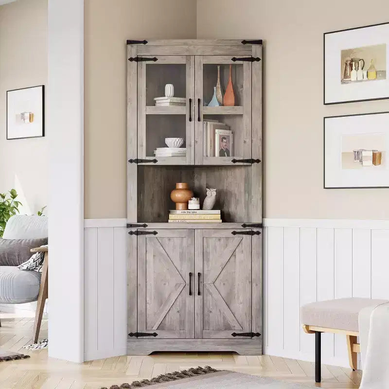 Farmhouse Corner Cabinet Tall Corner Storage Cabinet with Glass Door & Adjustable Shelves Bathroom Cabinet with Storage for Living Room Bathroom