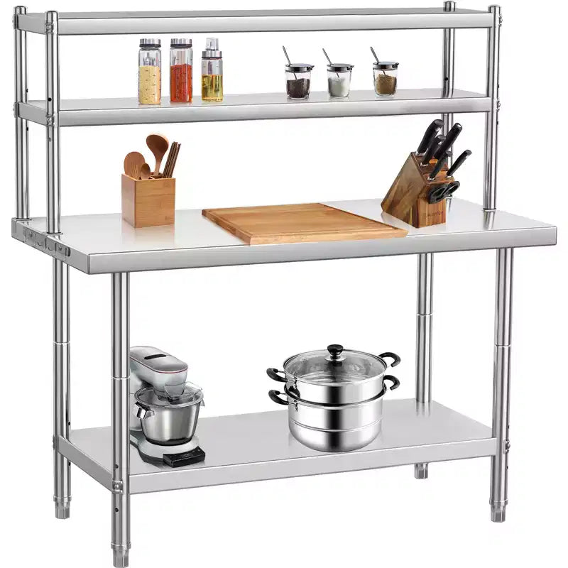 Stainless Steel Table Heavy Duty Metal Commercial Prep Table with Four Tiers of Storage with Hooks for Kitchen Home Hotel Food Prep