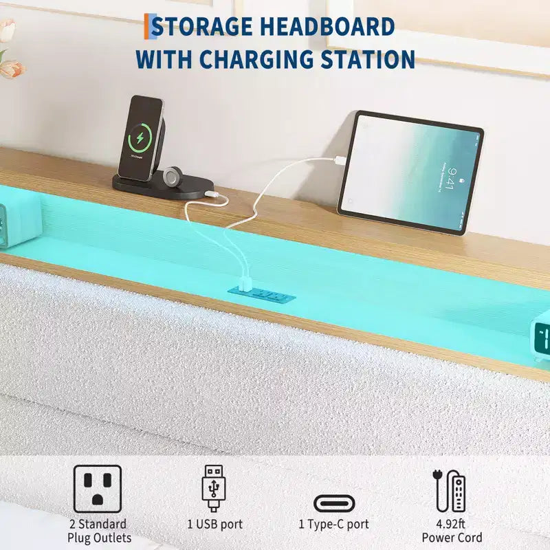 Cadre de lit tapissé avec éclairage LED