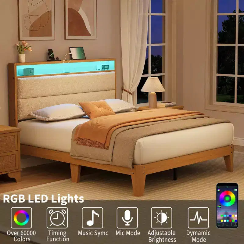 Cadre de lit tapissé avec éclairage LED