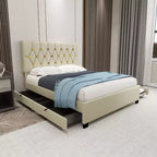 Bellemave Modern Velvet Queen Bed With Twin Trundle and 2 Storage Drawers Beige