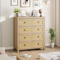 4 Drawer Dresser for Bedroom Rattan Chest of Drawers with Metal Handles 37 Tall Narrow Nightstand Wooden Clothes Storage Cabinet for Living Room