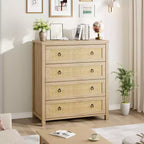 4 Drawer Dresser for Bedroom Rattan Chest of Drawers with Metal Handles 37 Tall Narrow Nightstand Wooden Clothes Storage Cabinet for Living Room