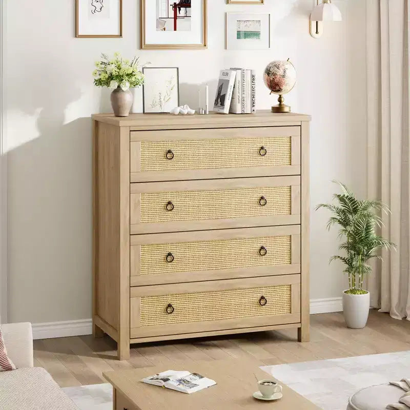 4 Drawer Dresser for Bedroom Rattan Chest of Drawers with Metal Handles 37 Tall Narrow Nightstand Wooden Clothes Storage Cabinet for Living Room
