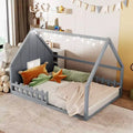 Full Size Floor Bed for Kids Wood Montessori Bed with Fence & LED Light Full House Bed with Window and Roof for Girls & Boys