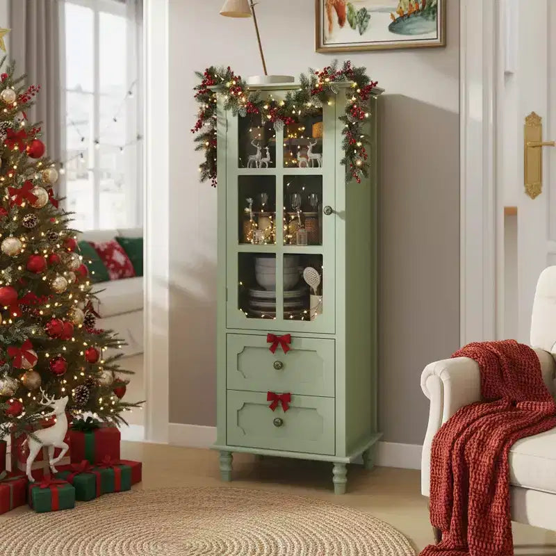 Homy Casa Tall Kitchen Pantry Cabinet with Glass Doors and Drawers Solid Wood Legs for Dining Room or Living Room