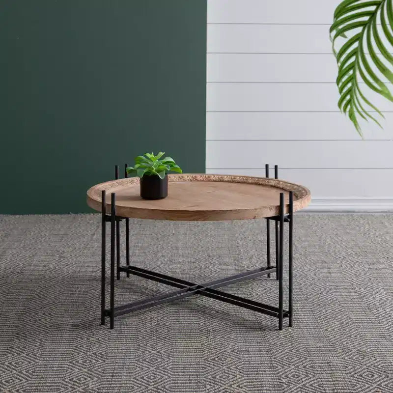 GDFStudio Lavonia Farmhouse Fir Wood and Iron Round Coffee Table