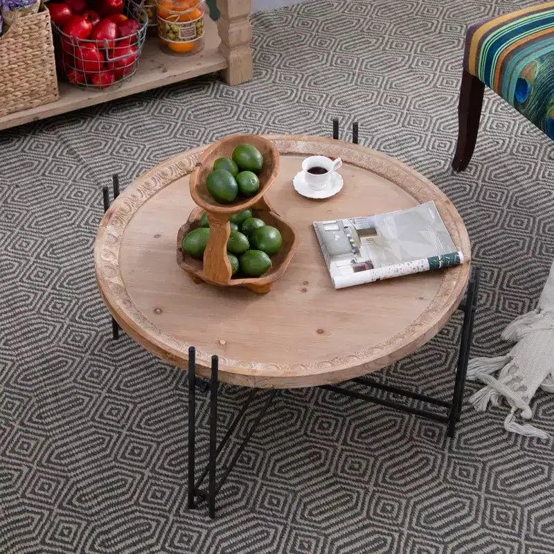 Table basse ronde en sapin et fer forgé style rustique