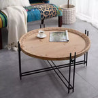 Table basse ronde en sapin et fer forgé style rustique