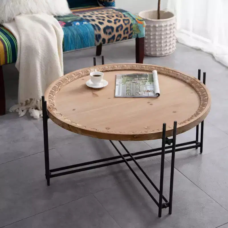 Table basse ronde en sapin et fer forgé style rustique