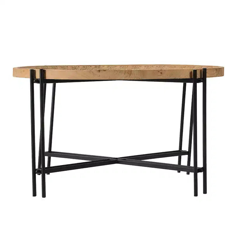 Table basse ronde en sapin et fer forgé style rustique