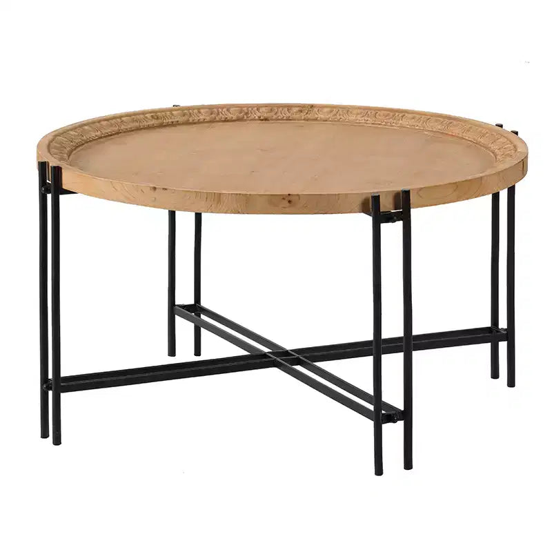 Table basse ronde en sapin et fer forgé style rustique