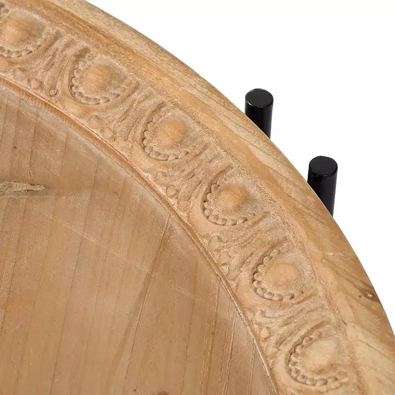 Table basse ronde en sapin et fer forgé style rustique
