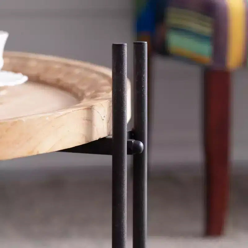 Table basse ronde en sapin et fer forgé style rustique