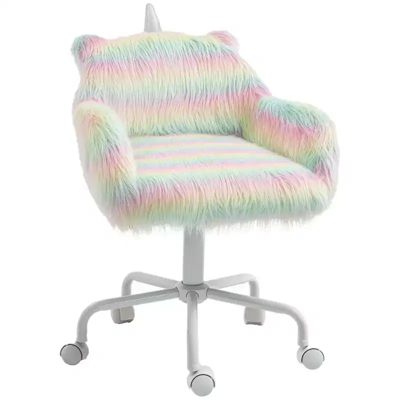 Fluffy Unicorn Office Chair with Mid-Back and Armrest Support 5 Star Swivel Wheel White Base