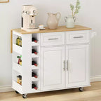 White Kitchen Island Cart with 2-Door Cabinet & 2 Drawers-Rolling Storage Cart with Foldable Rubberwood Table Top Spice Rack&Wine Rack for Kitchen