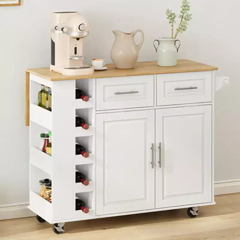 White Kitchen Island Cart with 2-Door Cabinet & 2 Drawers-Rolling Storage Cart with Foldable Rubberwood Table Top Spice Rack&Wine Rack for Kitchen