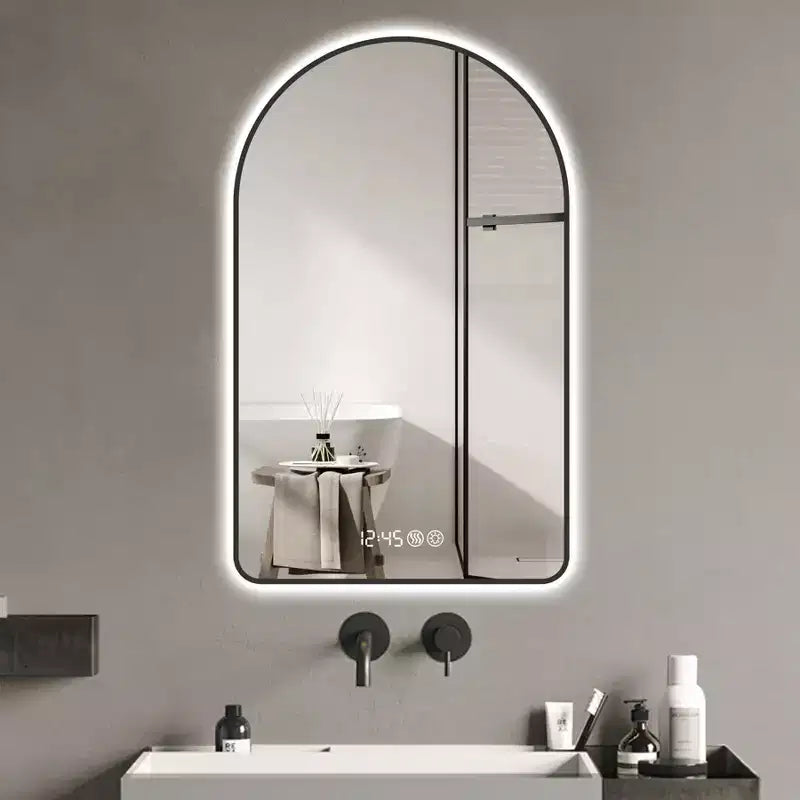 28 x 48 inch Multifunctional Arched LED Bathroom Vanity Mirrors with Three Color Temperatures for over Sink Black Frame