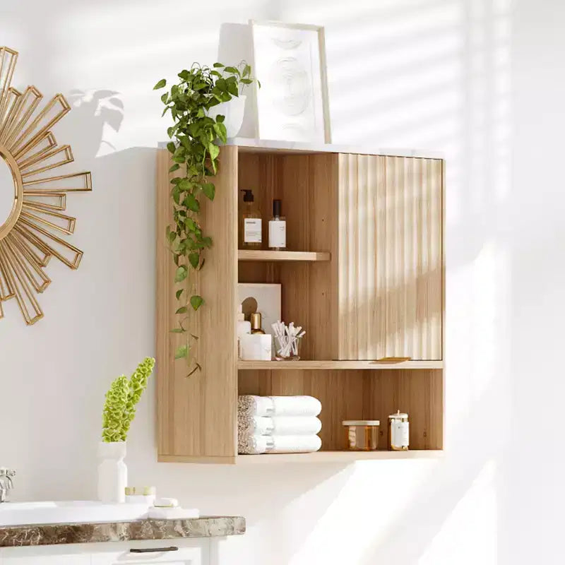 Modern Fluted Wall Cabinet with Sliding Door - Faux Marble Top & Adjustable Shelf Curved Medicine Storage for Bathroom Laundry Room