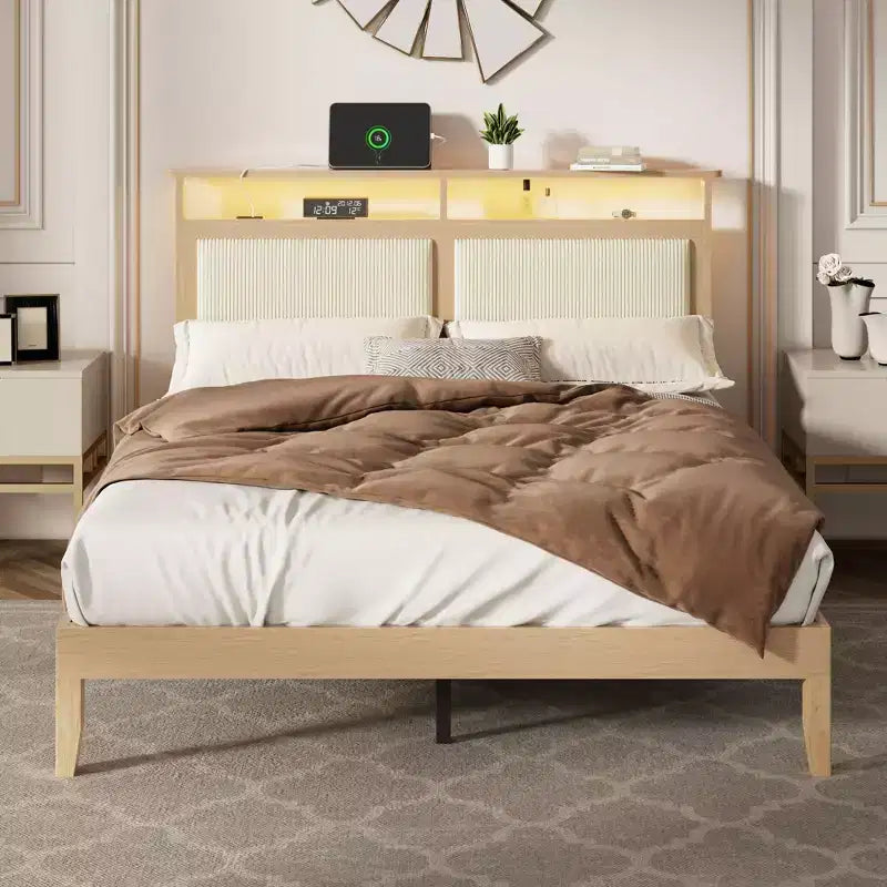 Modern Queen Bed Frame with Storage Headboard LED Lights Charging Station Corduroy Upholstered Bedframe Noise Free Wood Slats No Box Spring