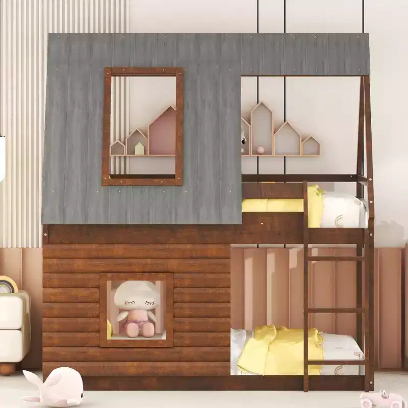 Bellemave Twin House Bunk Bed with Roof and Ladder Solid Wood House Bunk Bed Frame with 2 Windows for Kids Oak & Smoky Grey