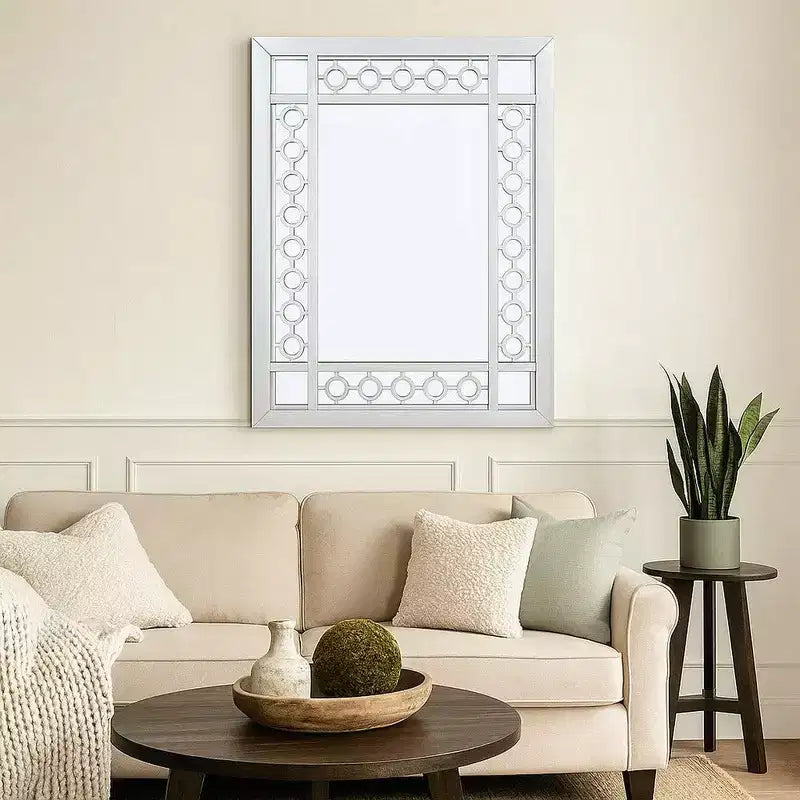 Miroir en bois orné portrait découpe ronde blanc