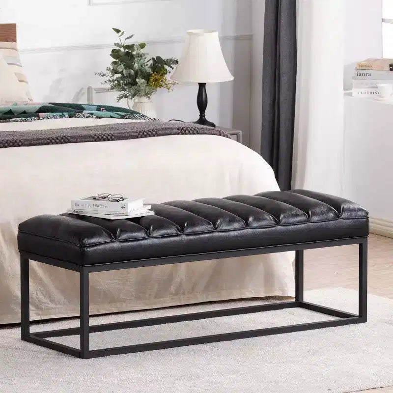 TUYOHW 54 Inch Upholstered PU Leather Bench with Metal Base Modern Entryway Bench for Bedroom Living Room
