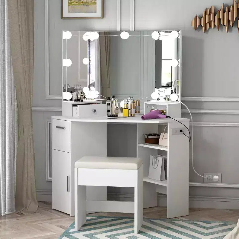 1 SET 15MM PB Corner Makeup Vanity with Dressing Table and Stool 12 Self-Adhesive Three-Level Light Bulbs Three-Sided 3mm Aluminum Mirror