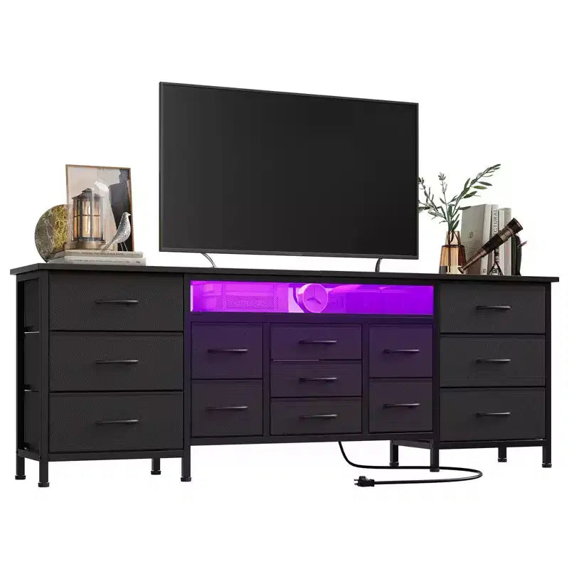 70 Inch Long Dresser TV Stand for 65 75 80 Inch TV Wide 13 Chest of Fabric Drawers Dresser & Power Outlets and LED Lights for Bedroom