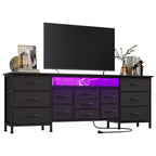 70 Inch Long Dresser TV Stand for 65 75 80 Inch TV Wide 13 Chest of Fabric Drawers Dresser & Power Outlets and LED Lights for Bedroom