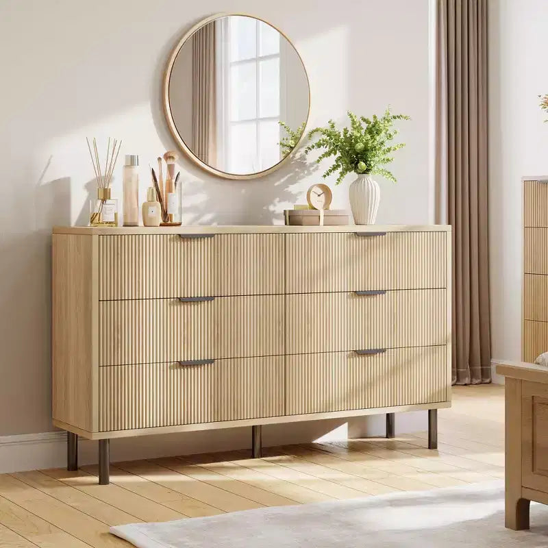 Fluted 6-Drawer Double Dresser with Metal Legs & Handles | Modern Wide Wood Chest Anti-Tipping Design for Bedroom Living Room & Hallway
